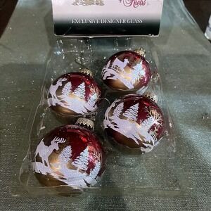 Krebs Glass Deer Winter Christmas Ornaments Round Red Gold Balls Boxed Set of 4